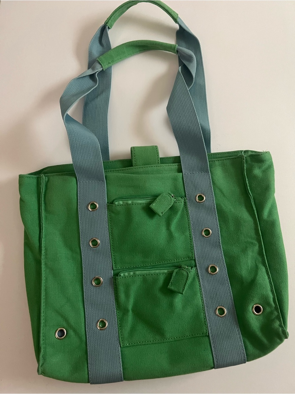 Green Canvas Tote Bag with light blue Straps
